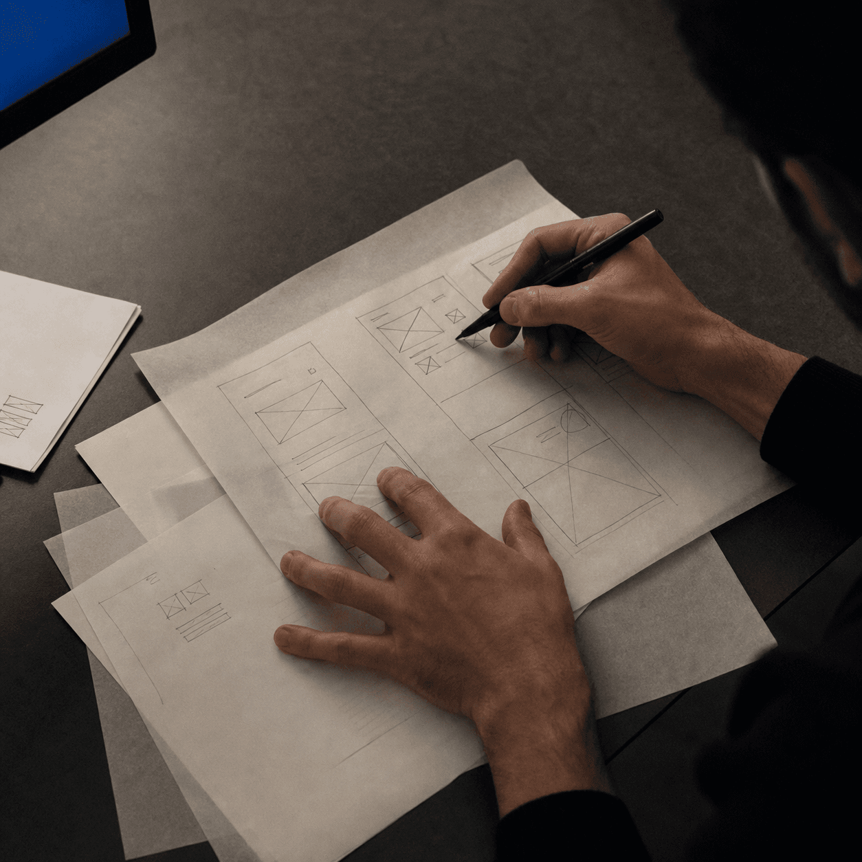 Overhead view of a designer's hands sketching wireframes on paper