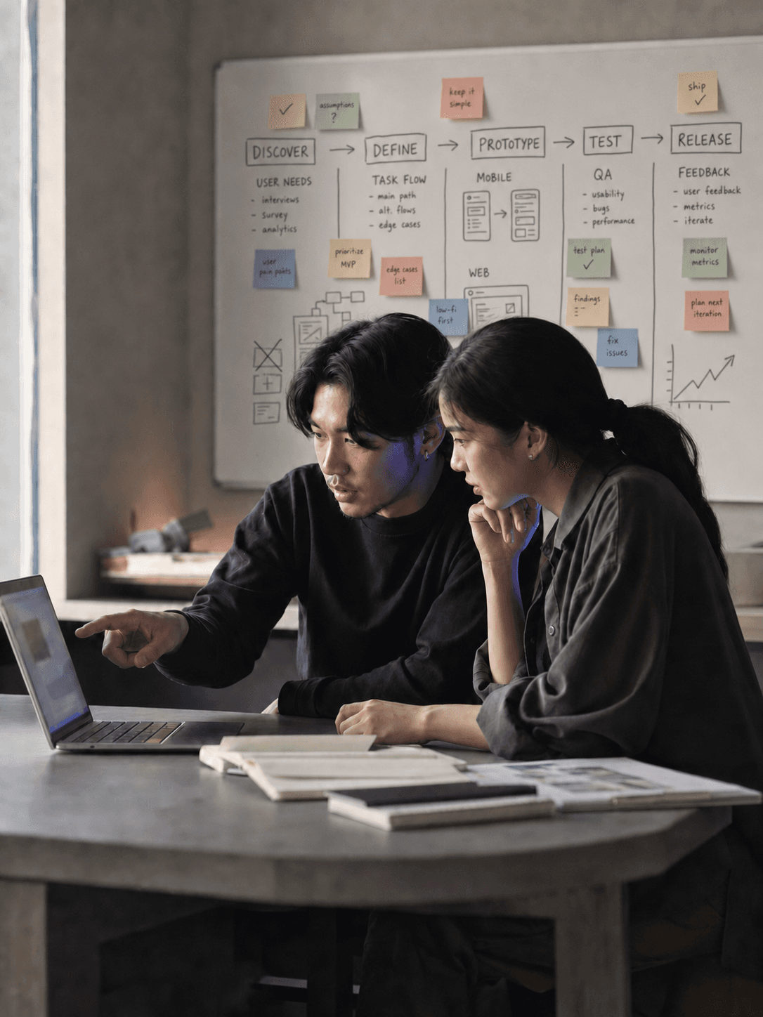 Two designers reviewing work together at a studio desk in front of a workflow whiteboard