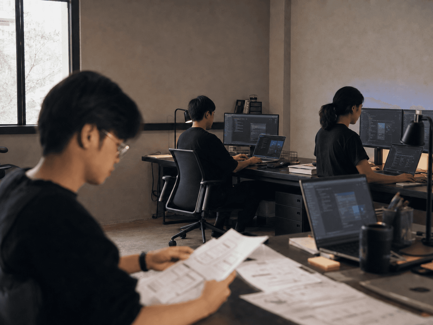 Wide view of the studio with the team working at their desks