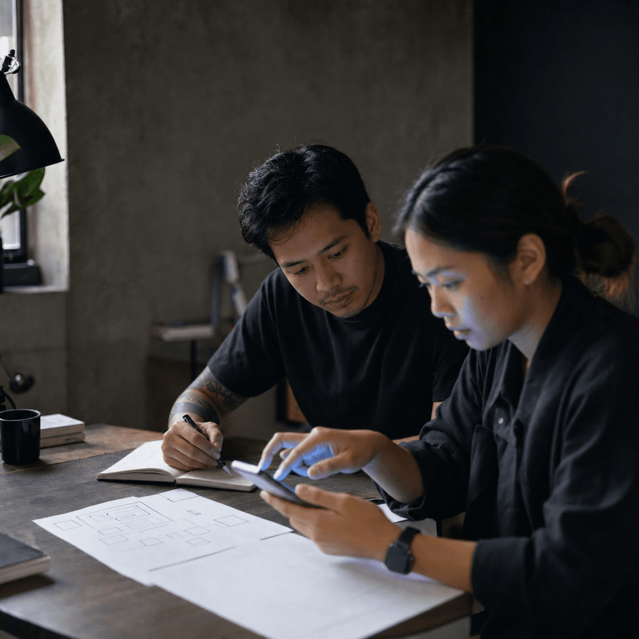 A product designer observing a participant testing a mobile prototype and discussing a workflow