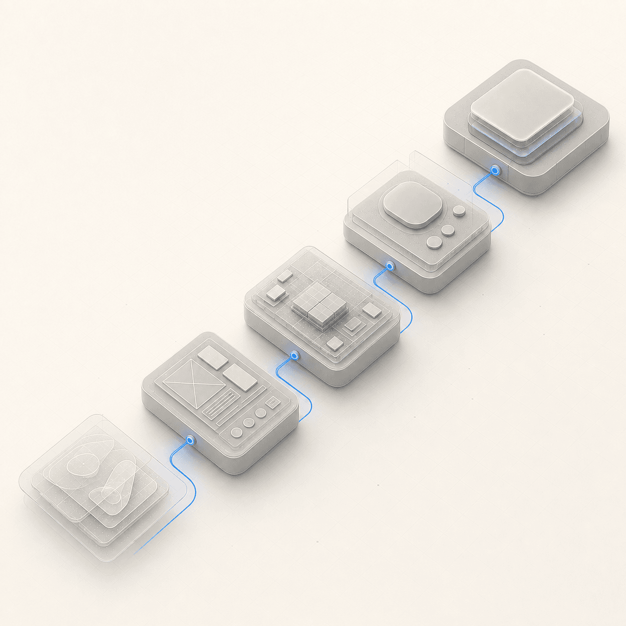 Five connected product modules representing the journey from discovery to launch