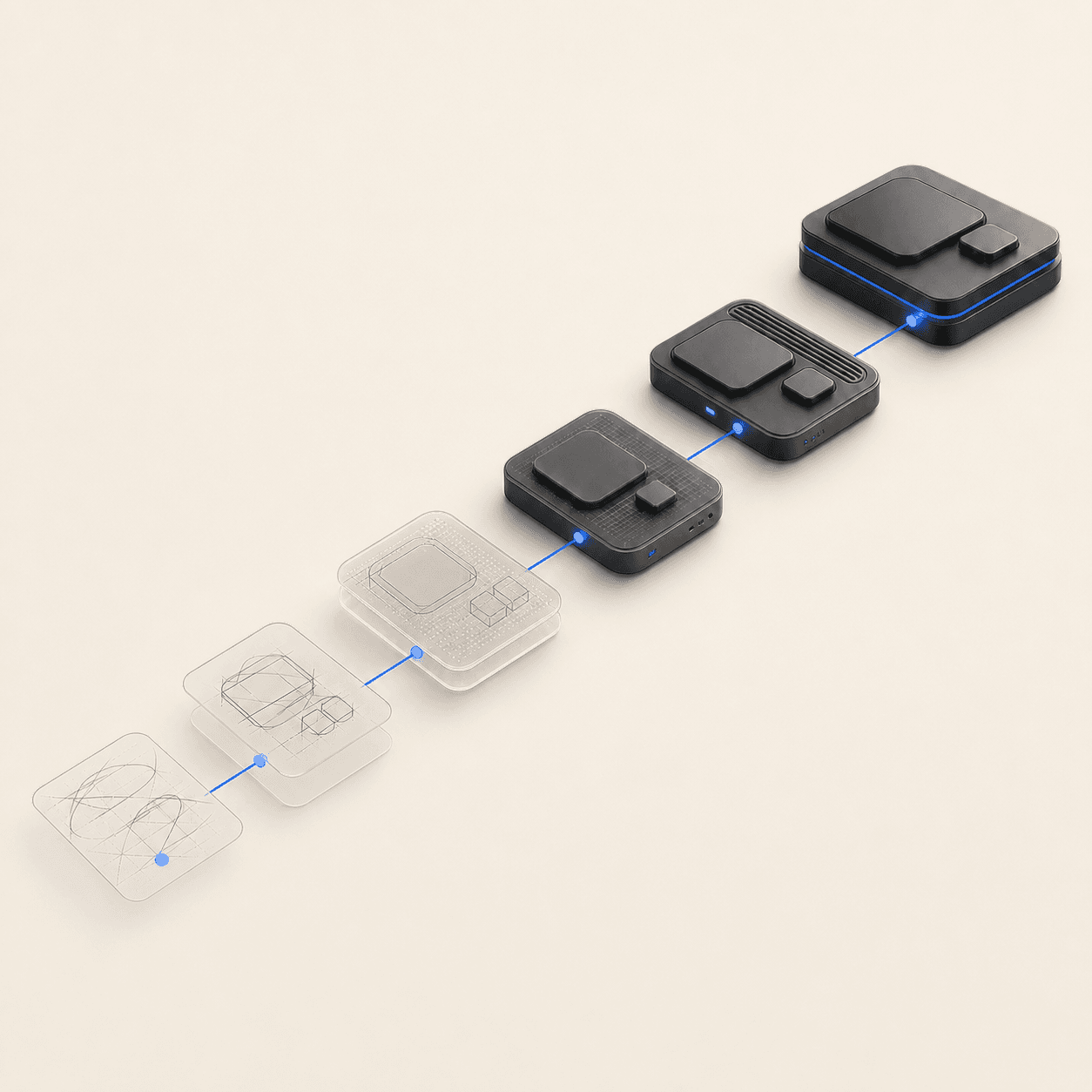 A progression of connected product modules evolving from transparent sketches to a finished digital platform