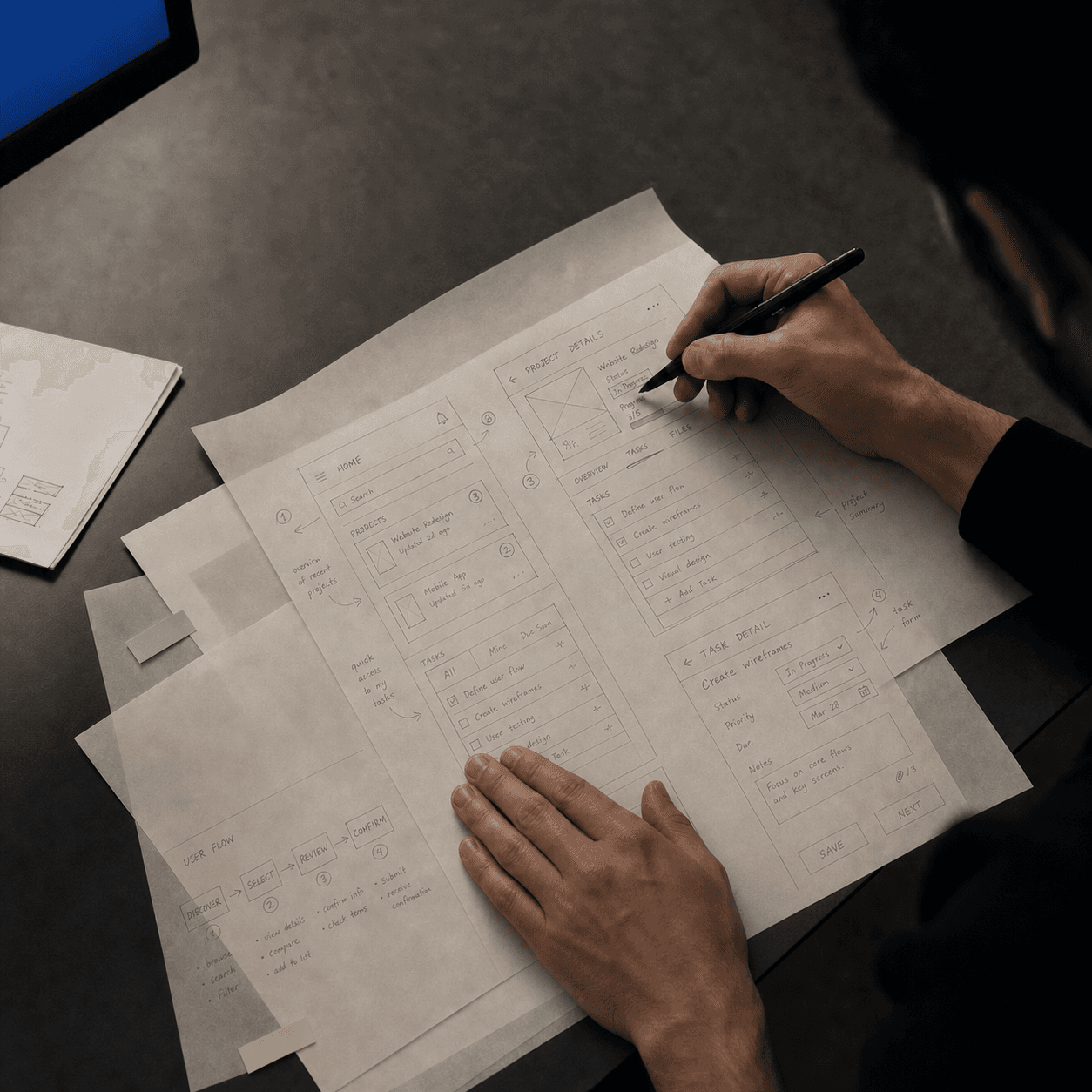 A designer sketching a product workflow and early interface screens on paper