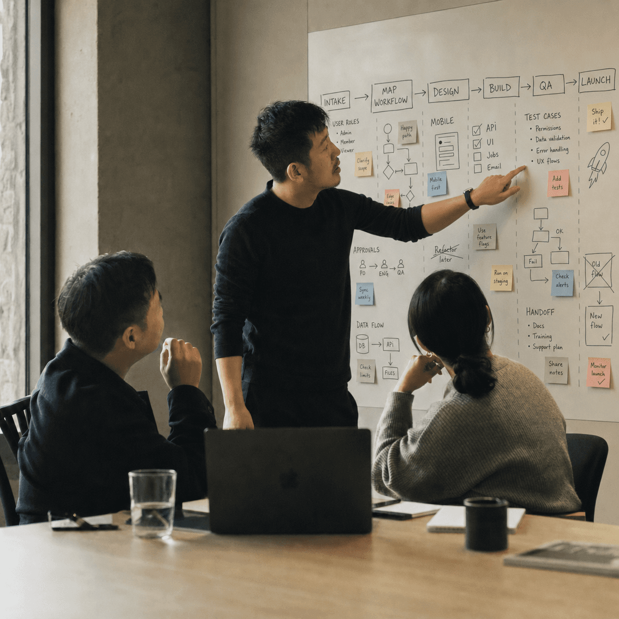 A product team discussing an operational workflow on a whiteboard